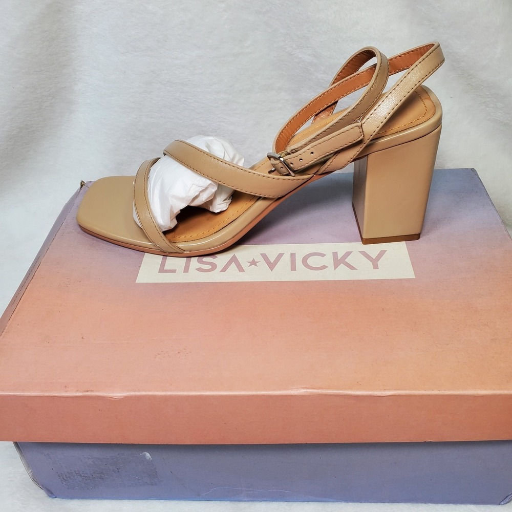 Lisa Vicky Tan Camel Sheep Sandals NIB Size 7.5 Formal Strappy Block Heel $99